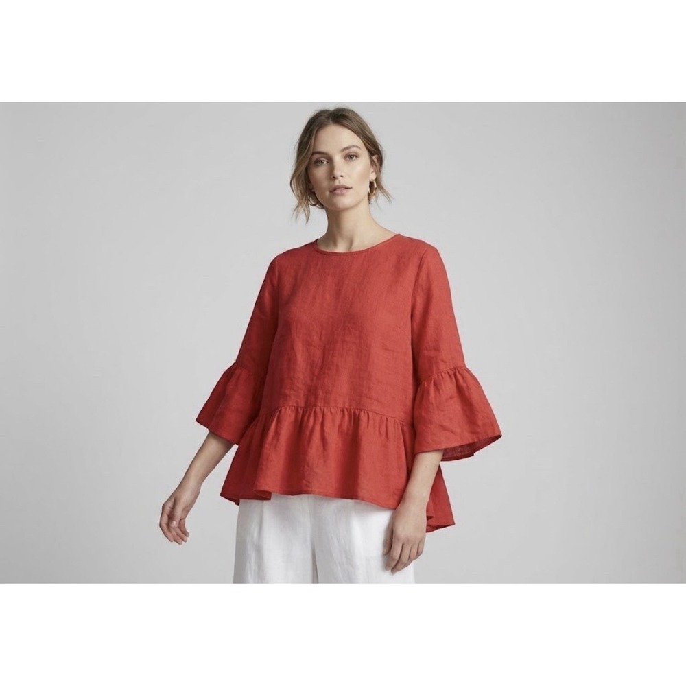 Bryn Walker Franci Asymmetrical Gauzy Ruffle Top Blouse Red Linen Womens L